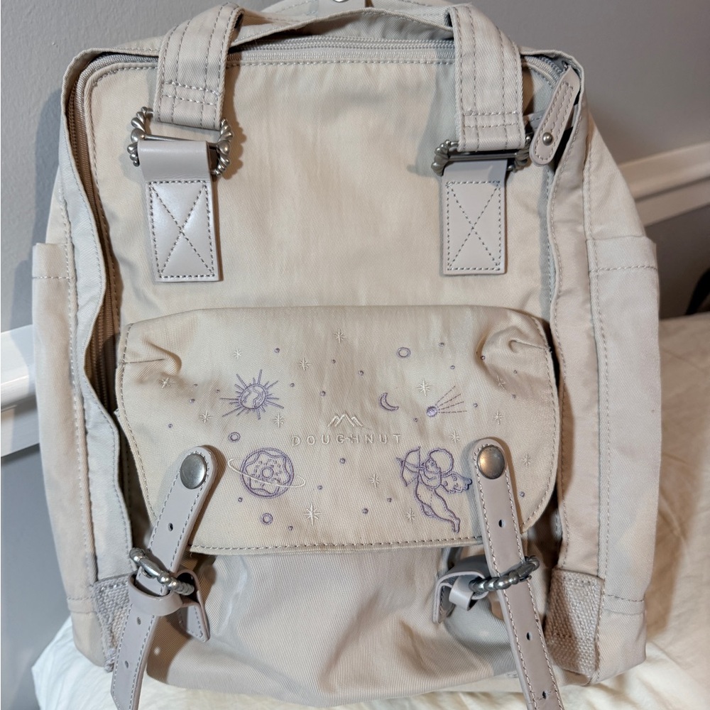 Doughnut Beige Backpack with Embroidered Design